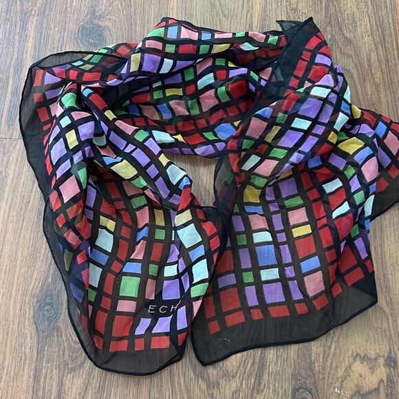 Echo black red colorful checkered pattern Bloomingdale's 100% silk scarf - Picture 1 of 4